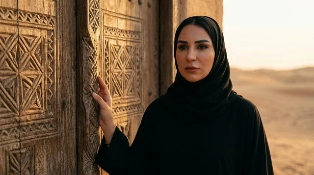 امرأة عربية بالعباءة بجانب باب خشبي تراثي في الصحراء