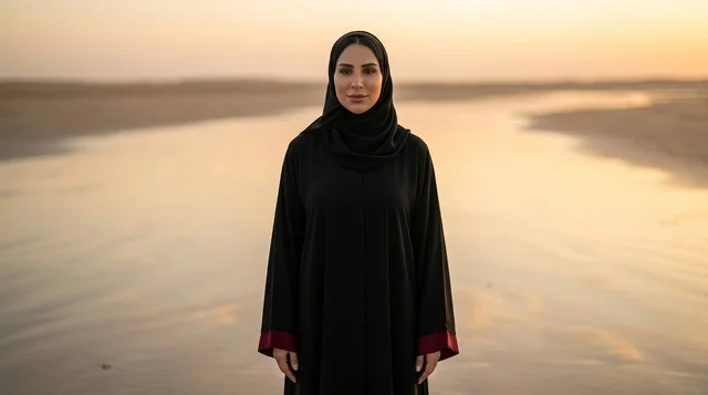 Saudi Arab Woman in Black Abaya on Beach at Sunset