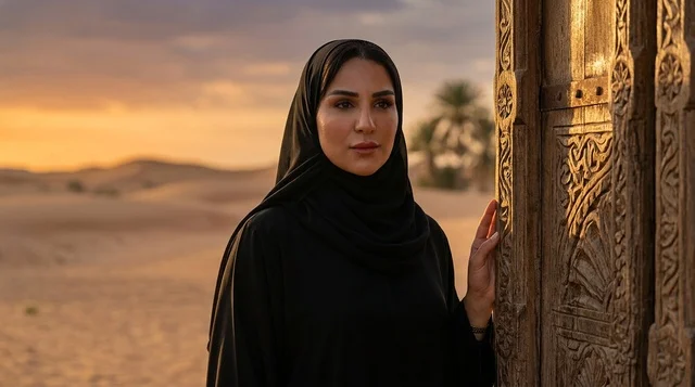امرأة عربية بالعباءة بجانب باب خشبي قديم في الصحراء