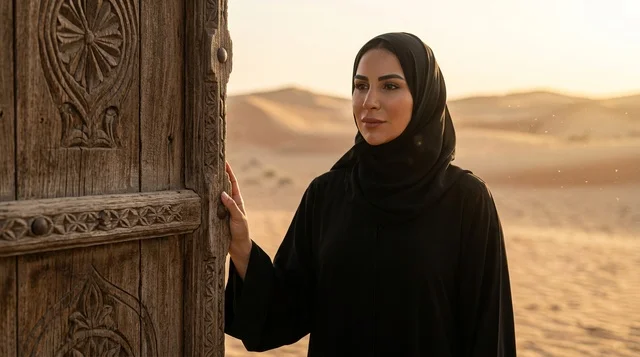 Arab Woman in Abaya by Ancient Door in Desert Sunset