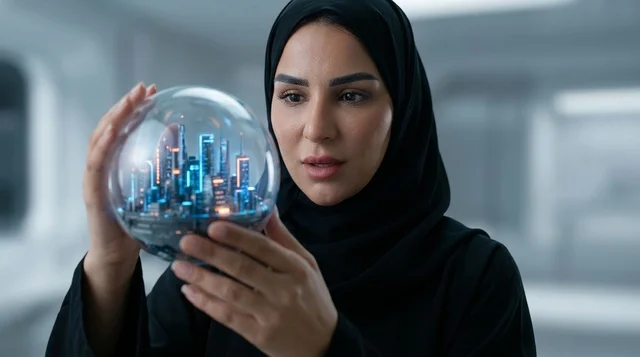 امرأة عربية تحمل مجسم مدينة المستقبل الذكية المضيء