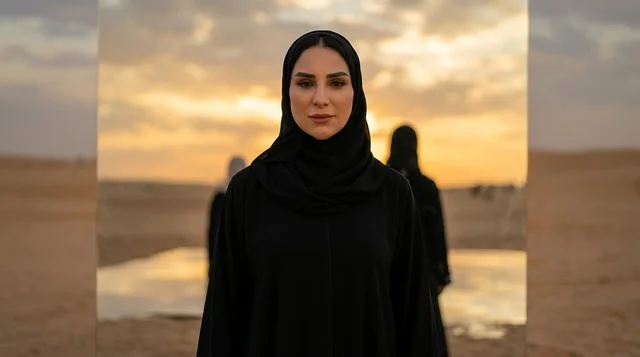 Emirati Woman in Black Abaya in the Desert at Sunset