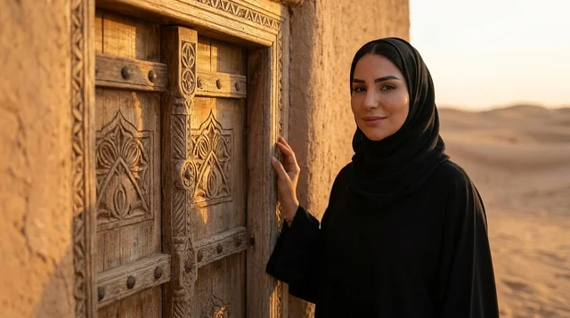امرأة عربية بعباءة سوداء بجانب باب خشبي تراثي بالصحراء