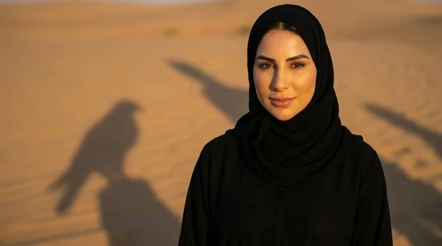امرأة عربية بالعباءة السوداء مع ظل صقر في الصحراء