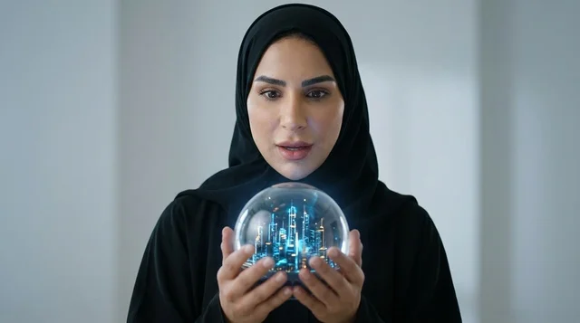 Saudi Woman Holding Futuristic Glowing City Hologram