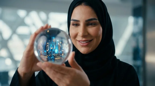 سيدة أعمال عربية تحمل مجسم مدينة المستقبل الذكية