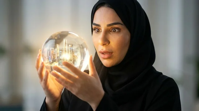 امرأة عربية تحمل كرة بلورية مضيئة لمدينة المستقبل