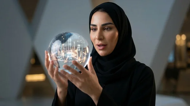 امرأة عربية تحمل مجسم كرة زجاجية مضيئة لمدينة مستقبلية