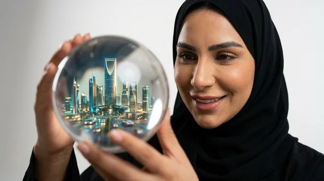 امرأة عربية تحمل مجسم مدينة المستقبل الذكية المضيء