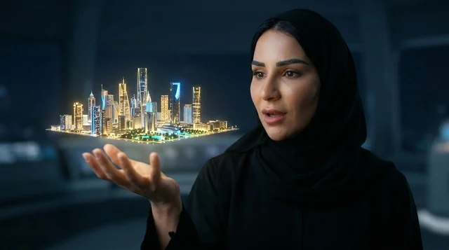 امرأة عربية تحمل مجسم هولوغرام لمدينة مستقبلية مضيئة