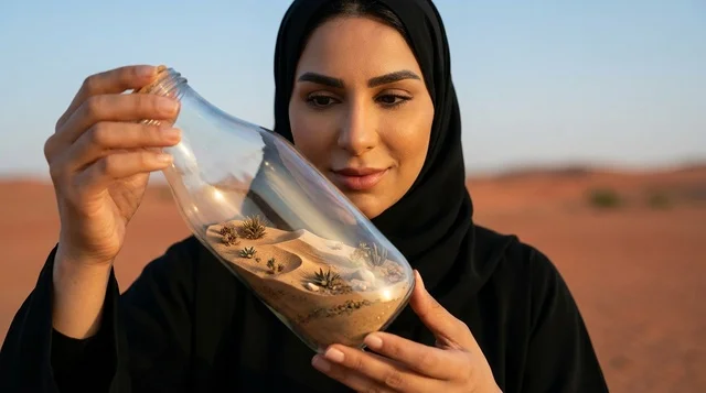 امرأة عربية تحمل زجاجة صحراوية في السعودية