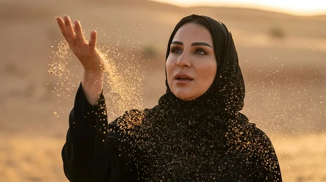 امرأة عربية بالعباءة تسكب الرمال في الصحراء وقت الغروب