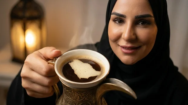 Saudi Woman Holding Arabic Coffee Cup with Map Foam