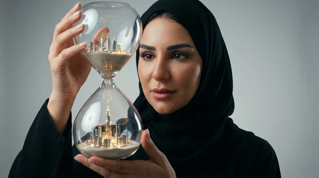امرأة عربية تحمل ساعة رملية بداخلها مجسمات أبراج مضيئة