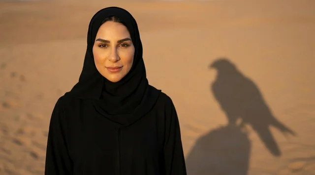 Emirati Woman in Abaya with Falcon Shadow in Desert