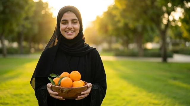 An Arab woman in a hijab carrying fresh oranges in the garden.