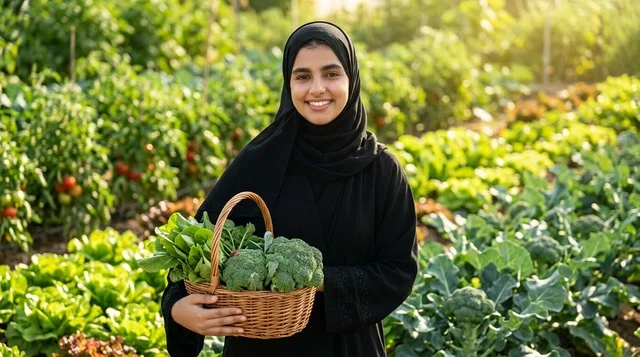 امرأة عربية مزارعة مع سلة خضار طازجة