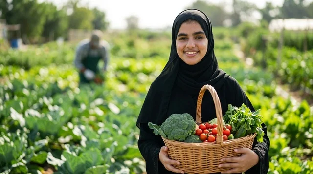 امرأة عربية مزارعة تحمل سلة خضروات طازجة