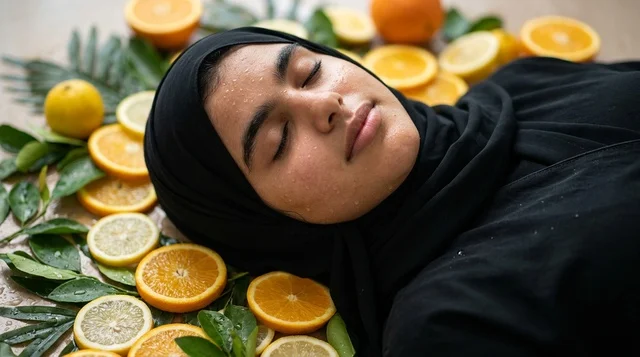 امرأة محجبة مع الحمضيات للعناية بالبشرة والجمال