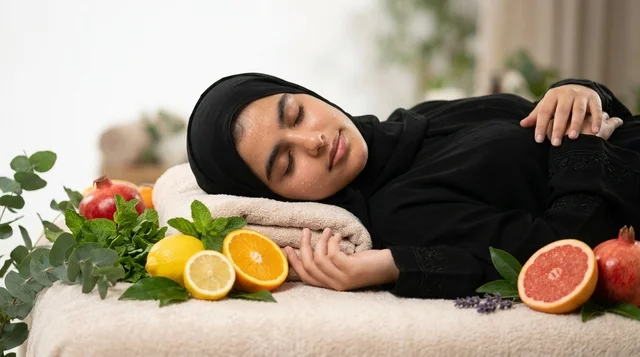 امرأة عربية بالحجاب تسترخي في سبا طبيعي للعناية والعافية