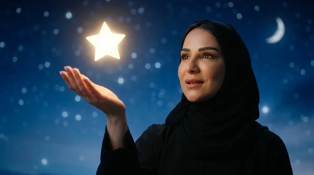 امرأة عربية مع نجمة مضيئة في سماء الليل الروحانية