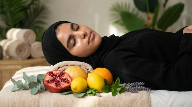 امرأة عربية بالحجاب تسترخي في سبا طبيعي للعناية والعافية