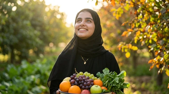 امرأة عربية بالحجاب تحمل فواكه طازجة في البستان