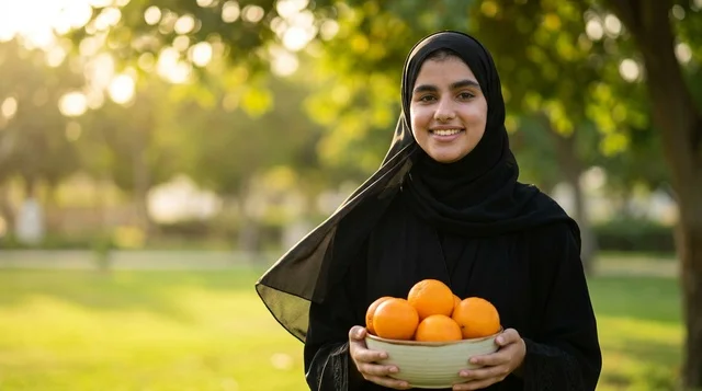 امرأة عربية بالحجاب تحمل البرتقال الطازج في الحديقة
