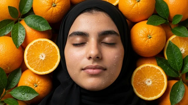 امرأة محجبة مع البرتقال للعناية بالبشرة