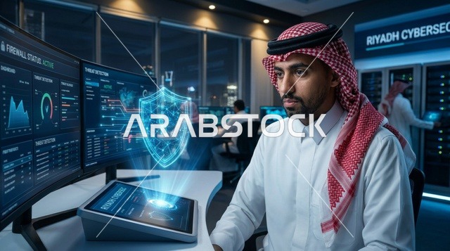 أخصائي أمن سيبراني سعودي في غرفة تحكم بالرياض