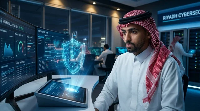 أخصائي أمن سيبراني سعودي في غرفة تحكم بالرياض