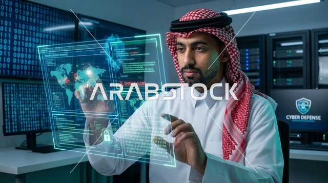 أخصائي أمن سيبراني سعودي يتفاعل مع شاشة هولوغرام ذكية