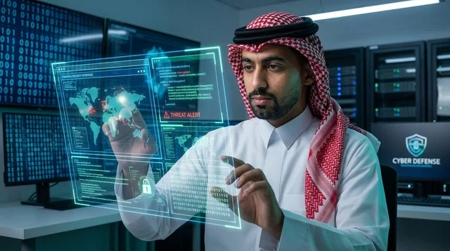 أخصائي أمن سيبراني سعودي يتفاعل مع شاشة هولوغرام ذكية