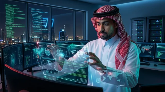 خبير أمن سيبراني سعودي مع شاشات تفاعلية ثلاثية الأبعاد