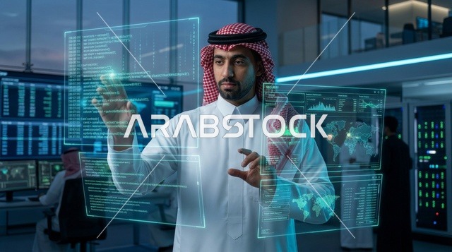 متخصص أمن سيبراني سعودي يتفاعل مع شاشة هولوغرام ذكية