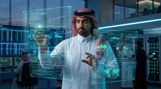 متخصص أمن سيبراني سعودي يتفاعل مع شاشة هولوغرام ذكية