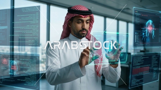 رجل سعودي يتفاعل مع شاشات الأمن السيبراني الهولوغرامية