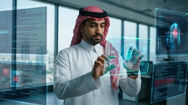 رجل سعودي يتفاعل مع شاشات الأمن السيبراني الهولوغرامية