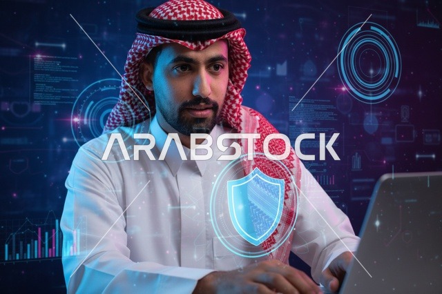 خبير أمن سيبراني سعودي يعمل على جهاز كمبيوتر محمول