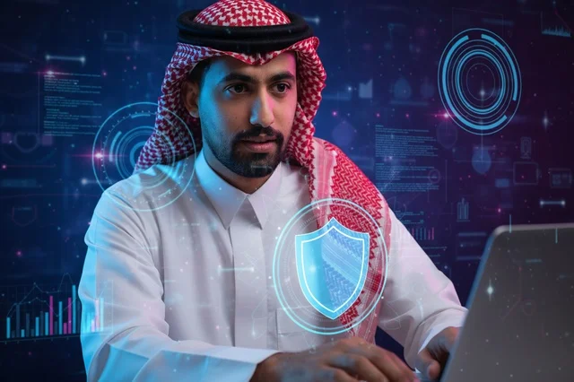 Saudi Man Cybersecurity Professional Working on Laptop