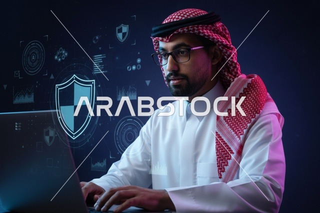 رجل سعودي يستخدم اللابتوب للأمن السيبراني وحماية البيانات