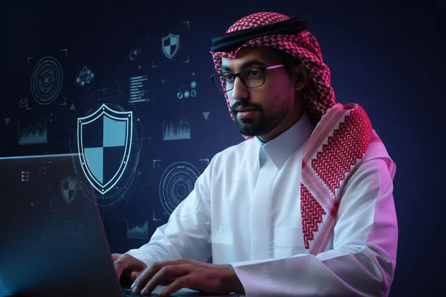 رجل سعودي يستخدم اللابتوب للأمن السيبراني وحماية البيانات