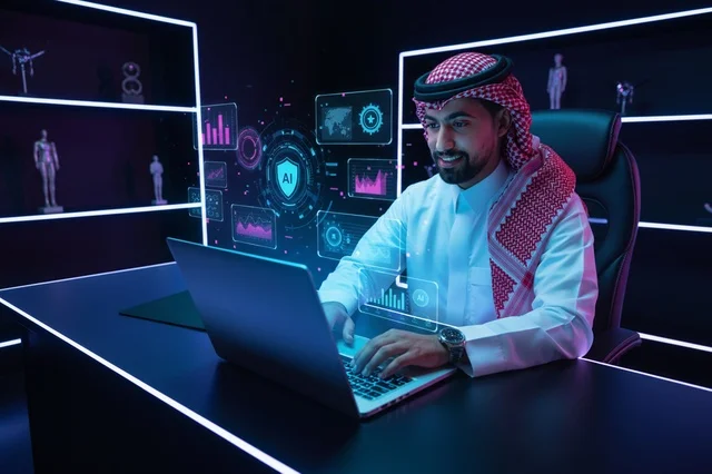 رجل أعمال عربي في مكتب الأمن السيبراني المستقبلي