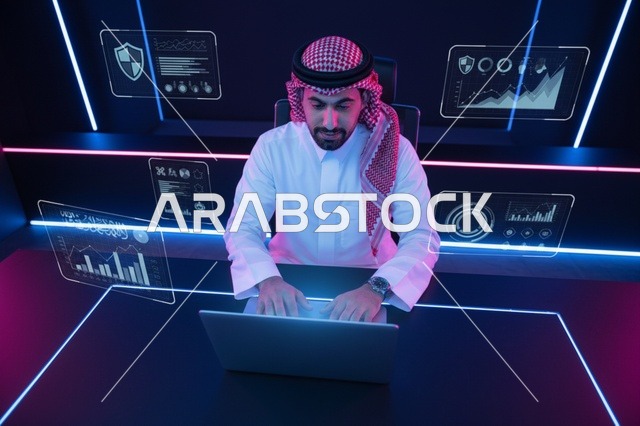 أخصائي أمن سيبراني سعودي يعمل في غرفة عمليات رقمية