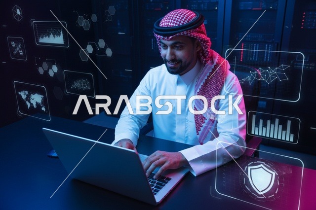 خبير أمن سيبراني سعودي يعمل على لابتوب بغرفة الخوادم