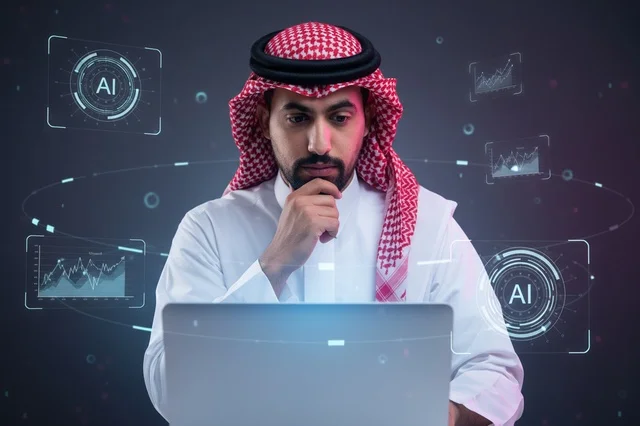 رجل أعمال سعودي يعمل على لابتوب مع واجهات ذكاء اصطناعي