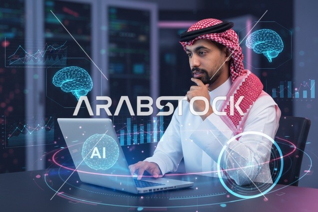 رجل أعمال سعودي يستخدم كمبيوتر مع واجهة ذكاء اصطناعي