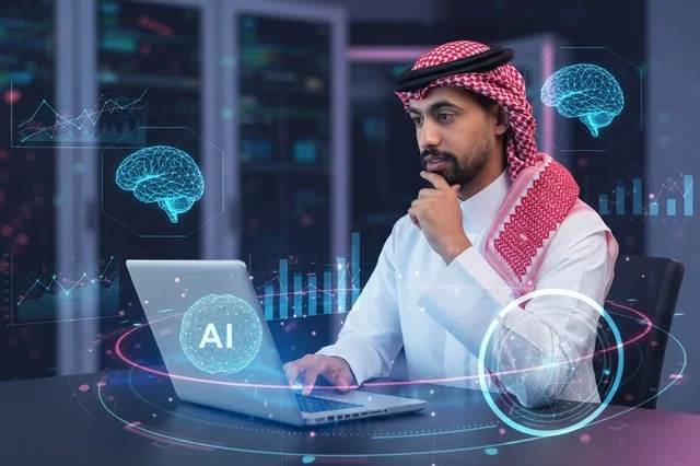 رجل أعمال سعودي يستخدم كمبيوتر مع واجهة ذكاء اصطناعي