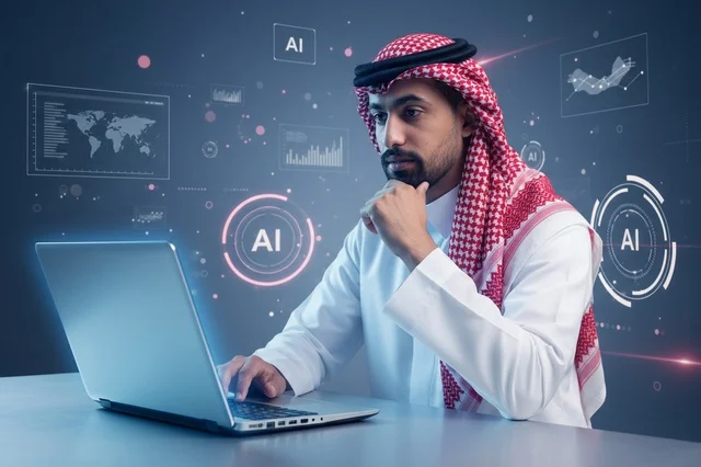 Saudi Businessman with AI Holographic Interface on Laptop
