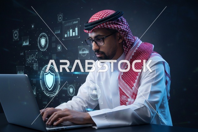 رجل سعودي يعمل على لابتوب مع واجهة أمن سيبراني هولوغرام